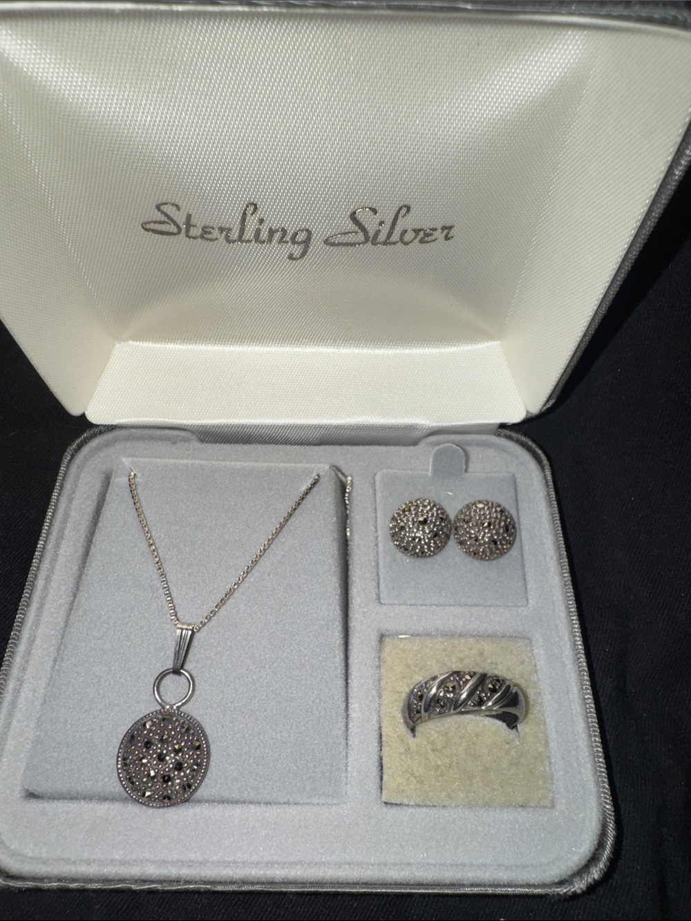 Round Pave Pendant Necklace, Earrings & Ring Set - sterling silver Silver